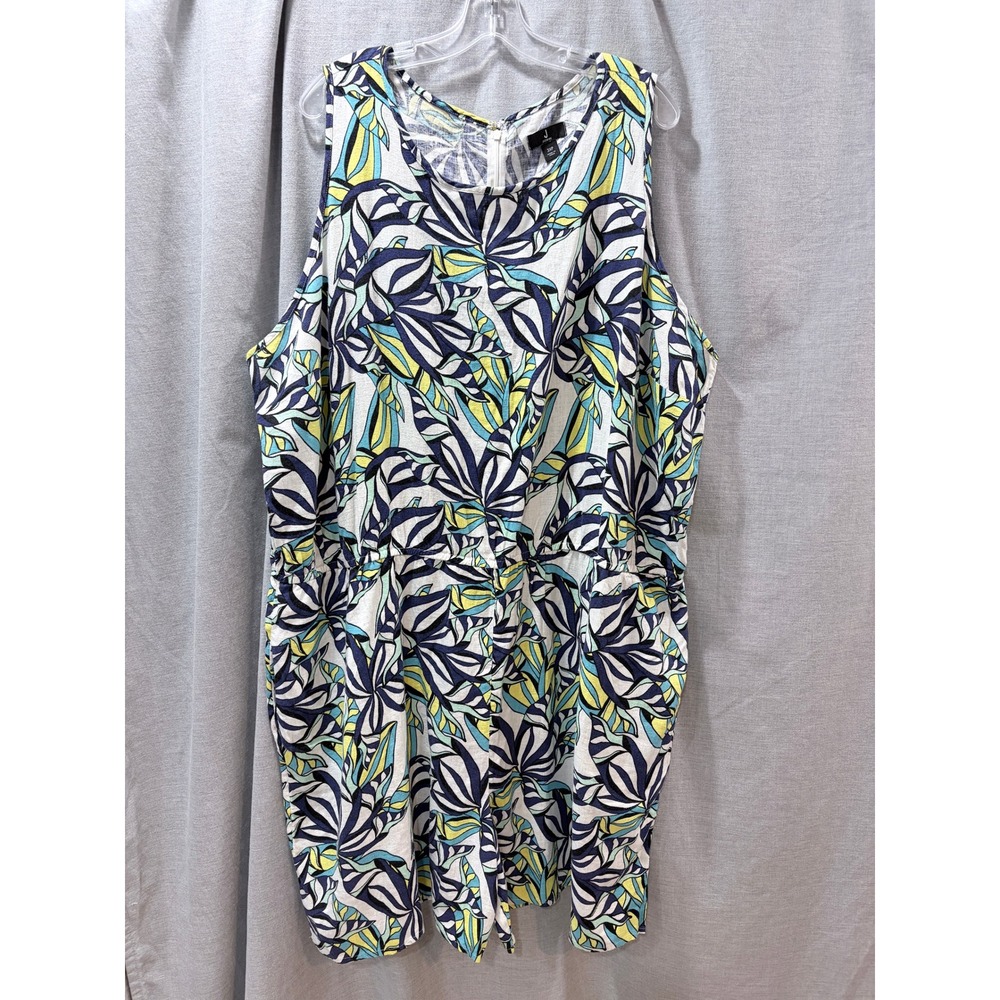 Jason Wu Tropical Leaf Print Linen‎ Blend Romper Sleeveless Blue Green Plus 3XP